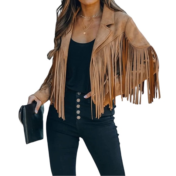 CHARTOU Jackets & Blazers - CHARTOU | Women's Chic Cropped Tassel Fringe Faux Suede Moto Jacket | Size S